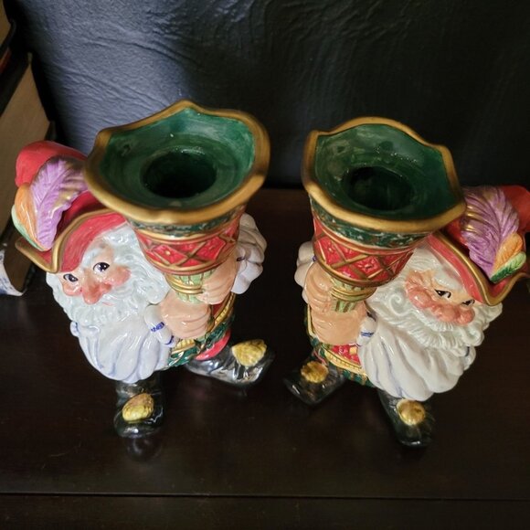 Vintage Fitz and Floyd Christmas Court Santa Elf Torch Candle Holder Pair - Picture 7 of 11
